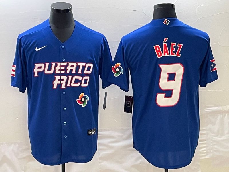 Men 2023 World Cub Puerto Rico #9 Baez Blue Nike MLB Jersey->more jerseys->MLB Jersey